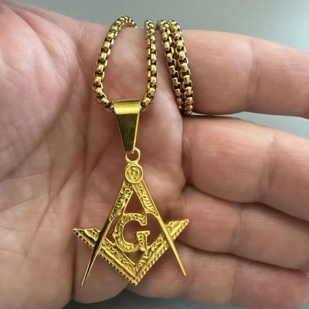 Men's Free Mason Stainless Steel Freemason Symbol Masonic Pendant Chain Gold